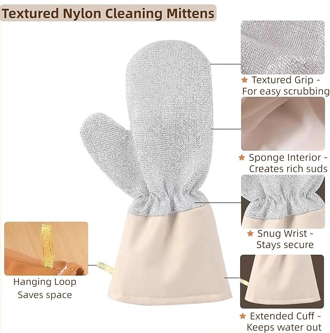 Dishwashing Gloves Non-Scratch Nylon Cleaning Mittens Stainless Steel Wire Balls Hanging Strap for Kitchen Housework