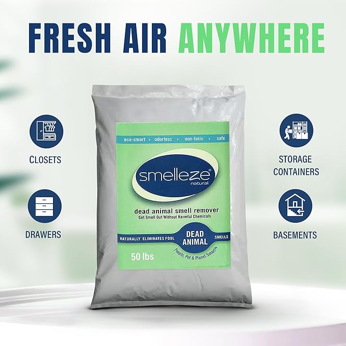SMELLEZE Dead Animal Odor Eliminator - Strong Odor Removal - Natural & Safe Indoor & Outdoor Use - Granules, 50 lbs.