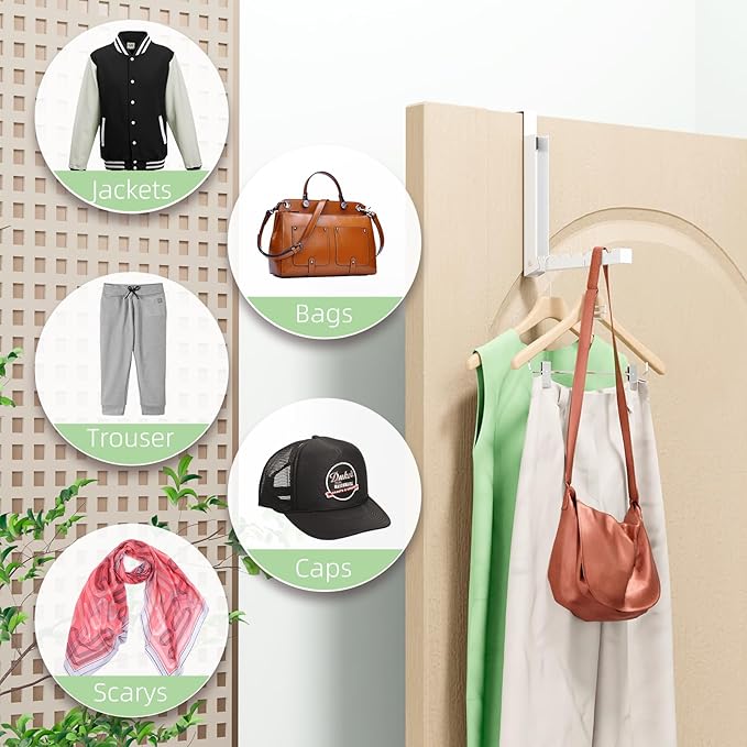 Over the Door Hooks, Extended Over the Door Storage Hook,Space-Saving Over the Door Rack,Door Hooks for Hanging Clothes,Larger Capacity Over the Door Hanger (4, BK-White)