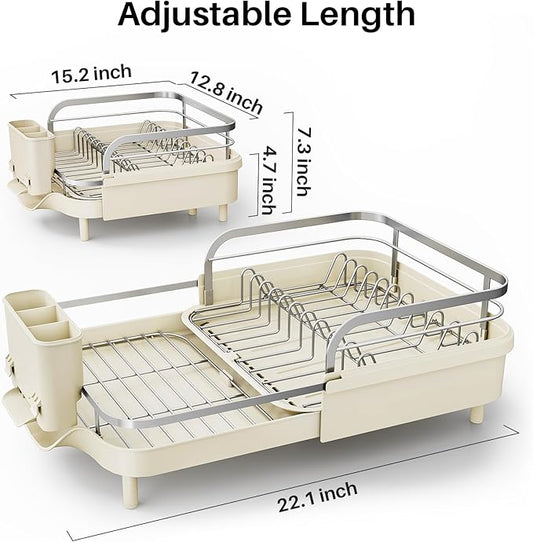 SNTD Dish Drying Rack, Expandable Dish Rack for Kitchen Counter, Stainless Steel Dish Drainer with Drainboard Set and Utensil Holder (Beige)