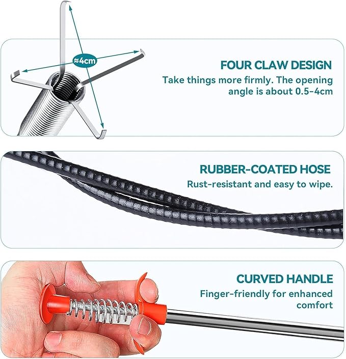 Drain Snake 33Inch, Unclog Drain Tool for Bathroom Sink, Shower, Bathtub, Car & Tight Spaces,Flexible Sink Snake Drain Cleaner Tool Set, Sink Declogger, Hair Puller from Drain (33inch)