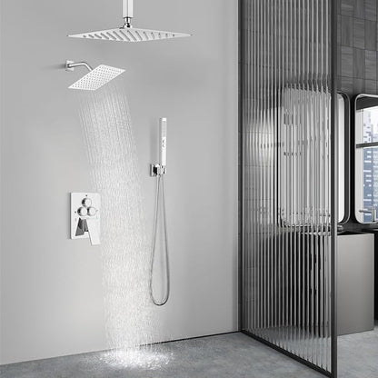 Aolemi Shower Faucet Set Ceiling Mount Shower System Rough-in Valve and Shower Trim Kit 2 in 1 Handheld Spray Push Button Diverter 12 and 6 Inch Dual Shower Head Polish Chrome