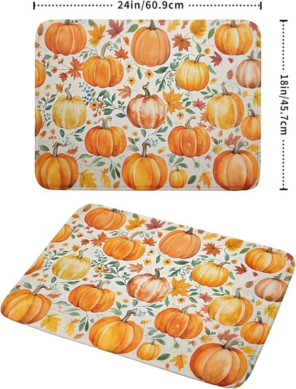 Fall Pumpkin Thanksgiving Dish Drying Mat for Kitchen Counter 18x24 Autumn Leaves Harvest Theme Absorbent Reversible Microfiber Drying Mats Kitchen Countertop Protector Dishes Drainer Pad
