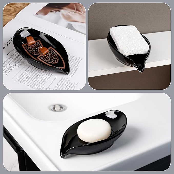 Soap Dish, Self Draining Soap Dishes 2PCS, Leaf Shape Ceramic Bar Soap Holder Drain Soap Dishes for Bathroom Sink Kitchen, Easy to Clean Keeps Soap Dry, Black, ANTIS'S HOME