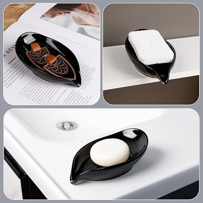 Soap Dish, Self Draining Soap Holder, Leaf Shape Ceramic Bar Soap Holder Drain Soap Dishes for Bathroom Sink Kitchen, Easy to Clean, Keeps Soap Dry, Black, ANTIS'S HOME