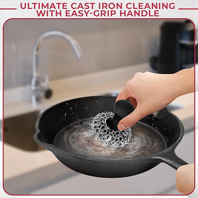 Zylark 316L Chainmail Scrubber Cleaner - Chain Mail Scrubber Cast Iron - Cast Iron Skillet Scrubber - Chain Scrubber with Long Handle