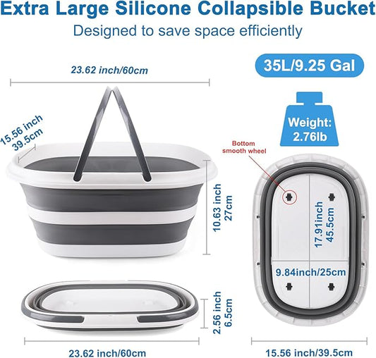 Extra Large Collapsible Bucket 35L Mop Bucket With Handles & Wheels, Plastic Wash Basin Pet Bath Tub for Puppy Dogs Cats, Folding Laundry Basket Clothes Storage Organizer RV Outdoor Camping Essentials