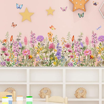 Wildflower Wall Decals Peel & Stick Floral Wall Art - Removable Flower Wall Stickers for Girls Bedroom Nursery Living Room DIY Home Decor with Butterflies Vines Daisies