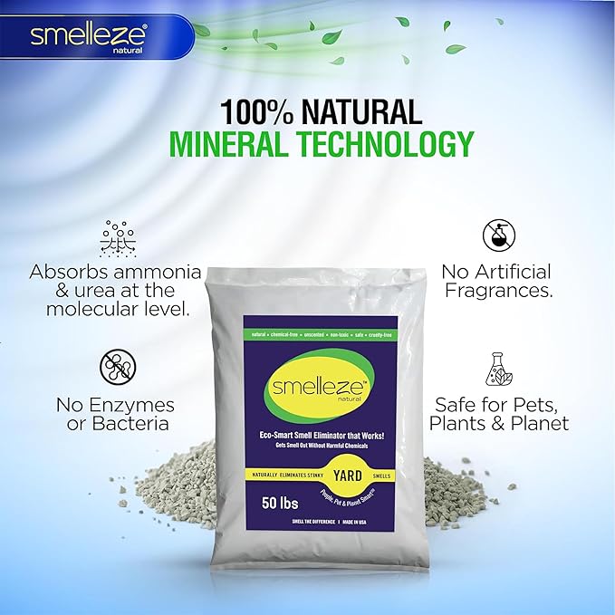 SMELLEZE 50 lb. Yard Odor Eliminator for Dogs – Long-Lasting Turf Cleaner for Pet Urine Outdoor & Poop | Safe for People, Pets, Plants & Planet | Works on Grass, Gravel, Patios & Kennels