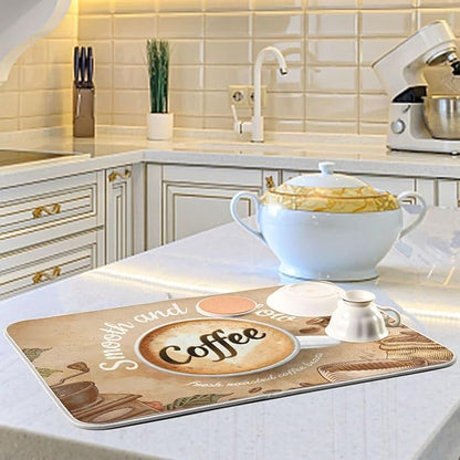 Super Absorbent Dish Drying Mat, Microfiber Fast-Drying Dish Mat, 24" x 18", Kitchen Dish Drying Pad, Coffee Cup Retro Brown
