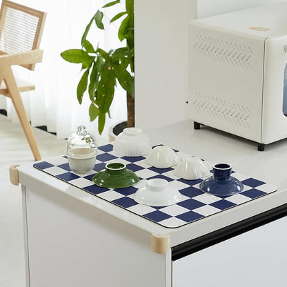 Ohocut Checkered Dish Drying Mat for Kitchen Counter, Coffee Bar Station Accessories, Retro Cute Aesthetic Modern Absorbent Drainer Mat Kitchen Drying Mat Easy Clean (Navy Blue, 19" x 12")