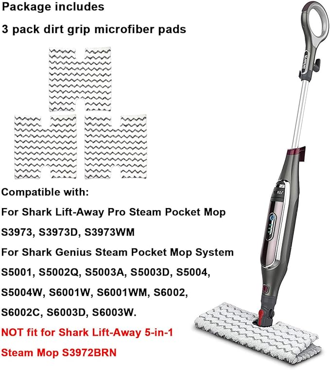 Extolife 3 Pack Steam Mop Replacement Pads for Shark Lift-Away Pro & Genius Steam Pocket Mop System S3973 S3973D S3973WM S5001 S5002Q S5003A S5003D S5004 S5004W S6001W S6002 S6002C S6003D S6003W