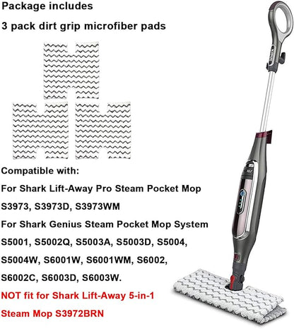 Extolife 3 Pack Steam Mop Replacement Pads for Shark Lift-Away Pro & Genius Steam Pocket Mop System S3973 S3973D S3973WM S5001 S5002Q S5003A S5003D S5004 S5004W S6001W S6002 S6002C S6003D S6003W