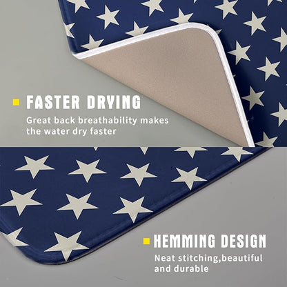 Patriotic July of 4th Blue Star Dish Drying Mat for Kitchen Counter 16x18 Memorial Independence Day Absorbent Reversible Microfiber Drying Mats Kitchen Countertop Protector Dishes Drainer Pad