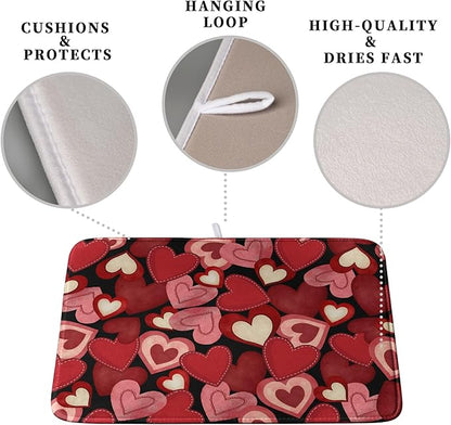 Valentine Dish Drying Mat for Kitchen Counter Red Black Love Heart Drying Pad Microfiber Absorbent Coffee Bar Mat Heat Resistant Countertop Protector Dishes Drainer Mat 16x18 Inch