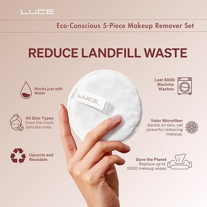 LUCE Makeup Remover Pads Reusable – First Velour Microfiber Makeup Remover Cloth, Eco-Friendly Washable Design, Ultra-Soft for All Skin Types