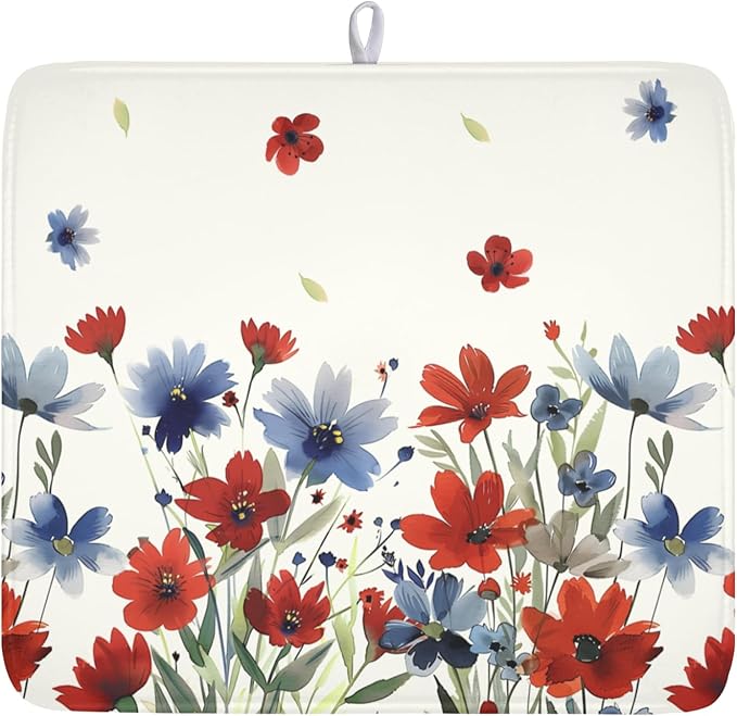 4th of July Floral Dish Drying Mat for Kitchen Counter 16 x 18 Inch Patriotic Dish Drainer Mat Absorbent Microfiber Independece Day Dish Rack Pad for Coffee Dining Bar Decor