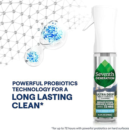 Seventh Generation Ultra Deep Probiotic Multi Surface Cleaner, 9.4 Fl Oz, Fresh Breeze, 80% USDA Biobased All Purpose Cleaning Spray, Breaks Down Tough Grease & Grime, Safe for Kids & Pets