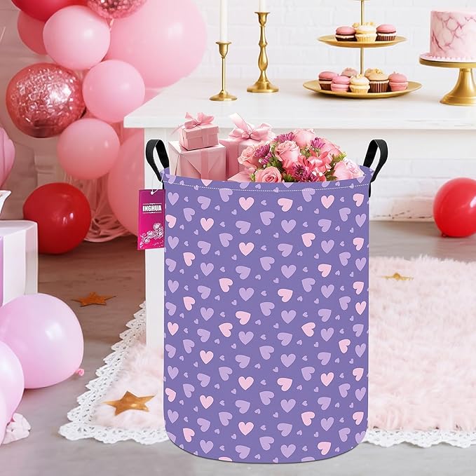 Laundry Hamper Large Canvas Fabric Lightweight Storage Basket/Toy Organizer/Dirty Clothes Collapsible Waterproof for College Dorms, Boys and Girls Bedroom,Bathroom(Purple hearts)