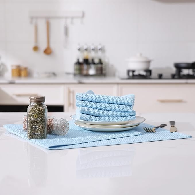 Kitinjoy 100% Cotton Waffle Weave Kitchen Hand Towels (13 X 28 Inches, Sky Blue), 8-Pack Super Soft and Absorbent Dish Towel for Drying Dishes