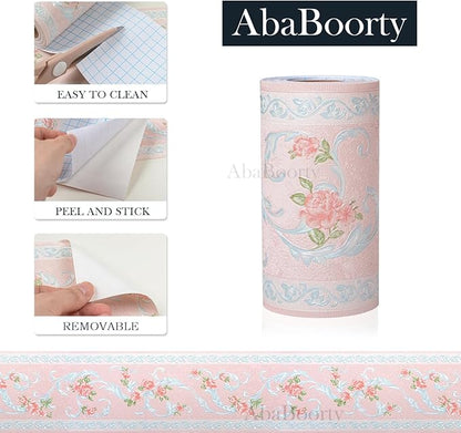 AbaBoorty Pink Flower Pattern Wallpaper Trim - 196"X4.1" Self-Adhesive Wall Border Sticker Decor for Bedroom & Living Room Walls