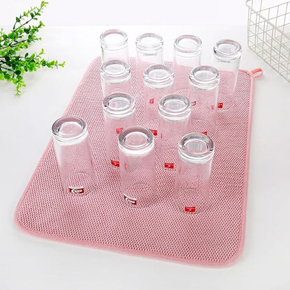 2 Pack Dishes Drying Mats for Kitchen Counter, 24 x 18 Inch Microfiber Dish Drying Pads with Hanging Loop, Super Absorbent Dish Drainer Mat, Thickened, Washable, Reusable, Pink