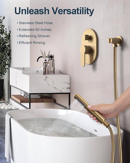 10" Dual Rainfall Shower Head Faucet Set with Handheld Sprayer, Round Rainfall Shower System, Brushed Gold