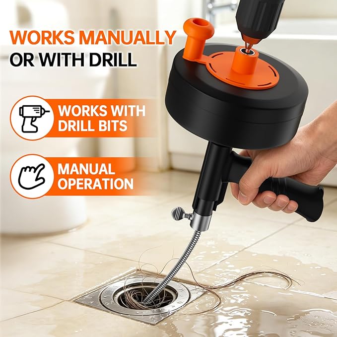 25FT Heavy Duty Drain Auger, Professional Plumbing Snake with Drill Adapter, Manual & Powered Clog Remover for Kitchen, Bathroom, Shower Sink & Bathtub, Flexible Pipe Snake Cleaner with Gloves