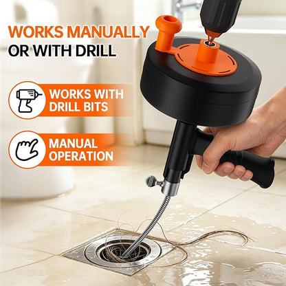 25FT Heavy Duty Drain Auger, Professional Plumbing Snake with Drill Adapter, Manual & Powered Clog Remover for Kitchen, Bathroom, Shower Sink & Bathtub, Flexible Pipe Snake Cleaner with Gloves