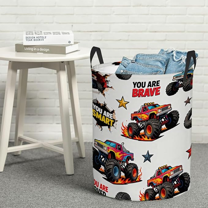 Kids Laundry Hamper Basket - Large Nursery Baby Hamper with Handle for Boys Girls Collapsible Clothes Baskets Organizer Toy Storage Bin Room Decor(Off-road Trucks)
