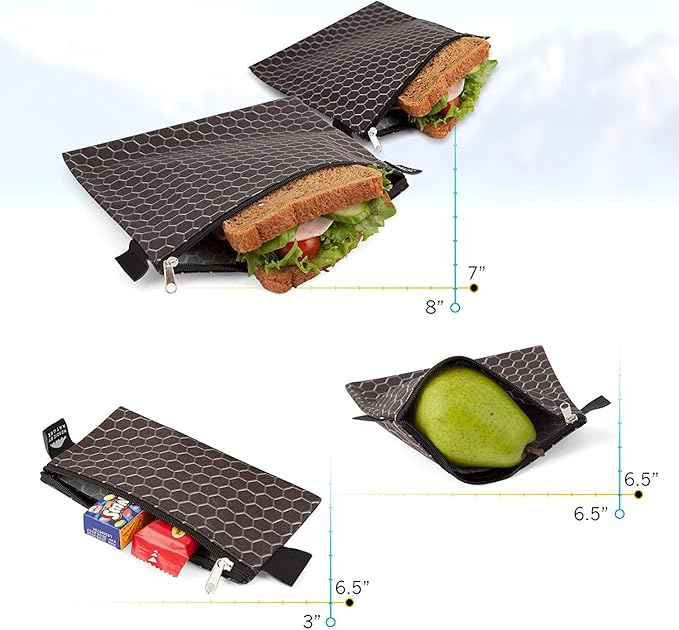 Nordic By Nature 4 Pack - Reusable Sandwich Bags Dishwasher Safe BPA Free - Durable Washable Quick Dry Cloth Baggies -Reusable Snack Bags School Lunches - Easy Open Zipper - (Black Metal)
