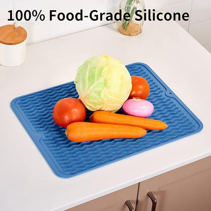 ZLR Silicone Dish Drying Mat & Heat Resistant Trivet (12" x 16") - Waterproof Counter Protector for Air Fryer, Coffee Maker - Non-Slip, BPA Free Kitchen Pad, Easy Clean Dishwasher Safe (Lichen Blue)