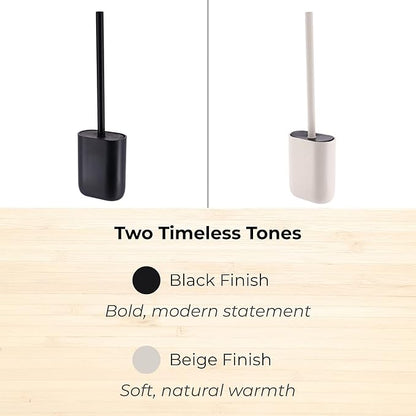 Oval Black Toilet Brush and Holder Set - Minimalist Polyresin Base, Stainless Steel Handle, Silicone Head - Japandi Collection