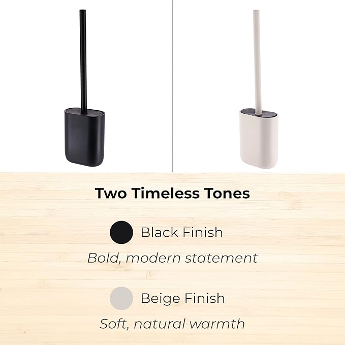 Oval Beige Toilet Brush and Holder Set - Minimalist Polyresin Base, Stainless Steel Handle, Silicone Head - Japandi Collection