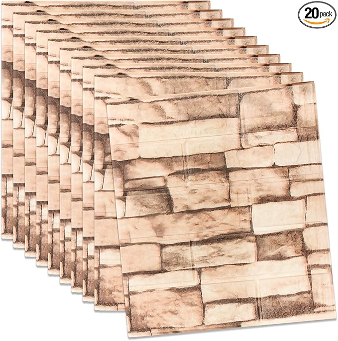 20 Pack 3D Wall Panels Peel and Stick, Waterproof Foam Stone 3D Wallpaper, Self Adhesive Foam Wallpaper for Bedroom Bathroom Kitchen (13.7 * 15.1in)