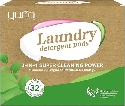 YUCO Pods Laundry Detergent Hypoallergenic, 3IN1 Super Cleaning Power, Microcapsule Fragrance Retention Technology (Forest Scent,1 Box of 32 Pod,Net 15g/pod,Net 480g)