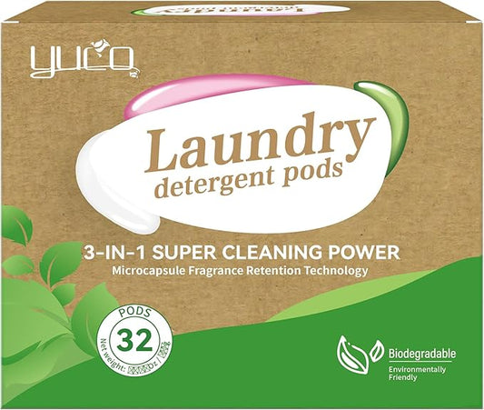 YUCO Pods Laundry Detergent Hypoallergenic, 3IN1 Super Cleaning Power, Microcapsule Fragrance Retention Technology (Forest Scent,1 Box of 32 Pod,Net 15g/pod,Net 480g)