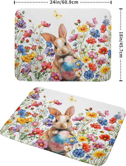 Spring Easter Rabbit Egg Dish Drying Mat for Kitchen Counter,Colorful Flowers Butterfly Drying Mat 18 x 24 Inch with High Absorbent Microfiber Drainer Mat for Coffee Bar