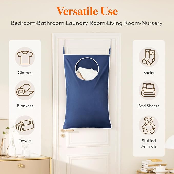Lifewit 1 Pack Over Door Laundry Hamper, Large Collapsible Hanging Laundry Hamper, Hanging Laundry Basket Bag for Bathroom Bedroom Dirty Clothes Storage Organizer, Dark Blue