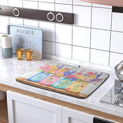Daisy Dish Drying Mat for Kitchen Counter Spring Summer Flowers Vases Dishes Pad Microfiber Absorbent Dish Draining Mats Rustic Farmhouse Floral Wooden Board Dish Drainer Rack Mat 18x24 Inch