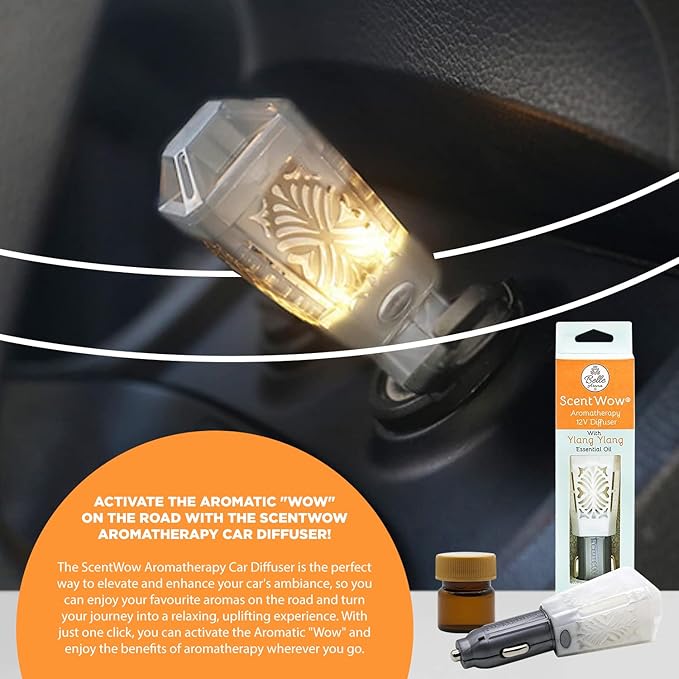 Belle Aroma ScentWow Aromatherapy - Ylang Ylang Car Diffuser for Essential Oils – Portable 12V Plug-In Mini Diffuser – Compact Travel Humidifier for Car, Truck & Small Spaces – White & Gray