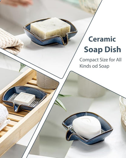 Soap Dishes, Ceramic Shower Soap Dish with Waterfall Design Bar Soap Holder Self Draining Soap Saver for Shower, Bathroom, Sink, Kitchen and Countertop, Blue