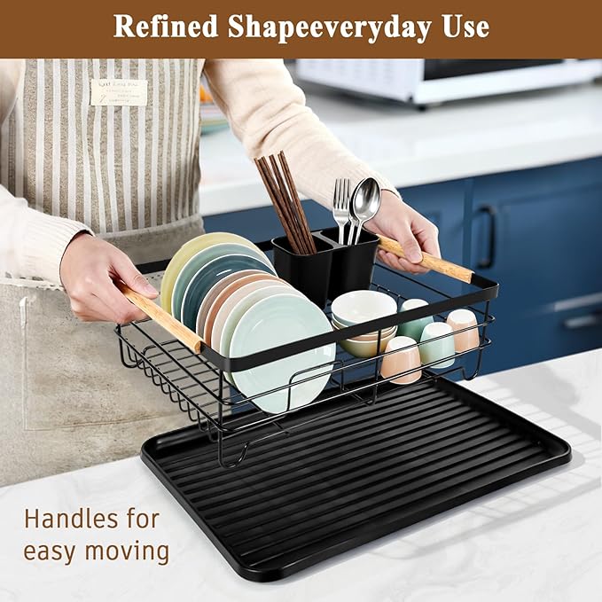 Dish Racks for Kitchen Counter, Thickened Metal Dish Drying Rack with Wooden Handles, Kitchen Countertop Organizer for Dishes, Spoons and Forks, No Assembly, Black, 16.7''*12.6''*5.12''
