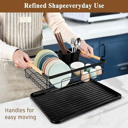 Dish Racks for Kitchen Counter, Thickened Metal Dish Drying Rack with Wooden Handles, Kitchen Countertop Organizer for Dishes, Spoons and Forks, No Assembly, Black, 16.7''*12.6''*5.12''