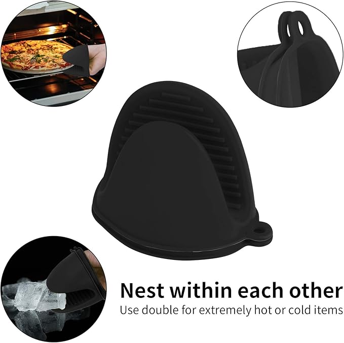 tifanso Silicone Oven Mitts Pot Holders Sets for Kitchen Heat Resistant Small Kitchen Mittens Rubber Air Fryer Mitts Mini Pot Pinch Grip for Cooking and Baking 1 Pair (Black)