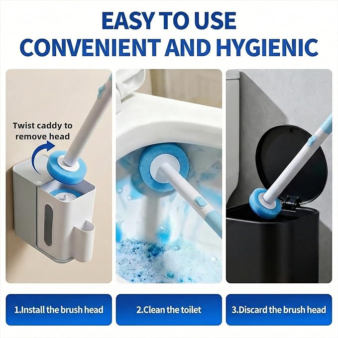 Disposable Toilet Brush and Holder Set with 64 Replacement Heads, Economical Home Toilet Cleaner Wand for Easy Refill Replacement, Compact Hygienic Toilet Bowl Brush for Family Bathroom