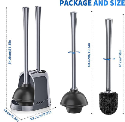 Toilet Plunger and Brush, Silicone Bowl Brush and Heavy Duty Toilet Plunger Set with Ventilated Holder, 2-in-1 Toilet Brush and Plunger Combo for 5.3-inch Bathroom Cleaning (Gray, 1 Set)