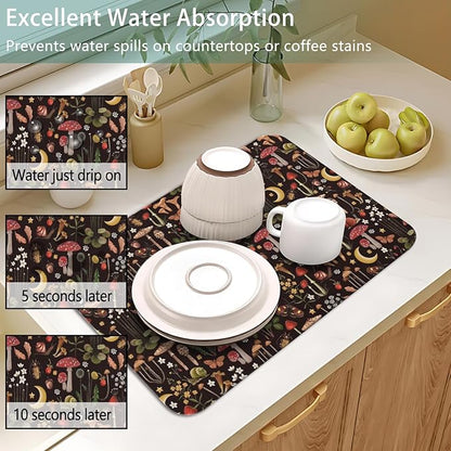 Dish Drying Mat for Kitchen Counter 2 Pack with Non-Slip Rubber Backing - Heat-Resistant Absorbent Coffee Bar Mat, Dish Rack Mat, Mushrooms Dish Drying Mats 18x24+19.5x12 inch