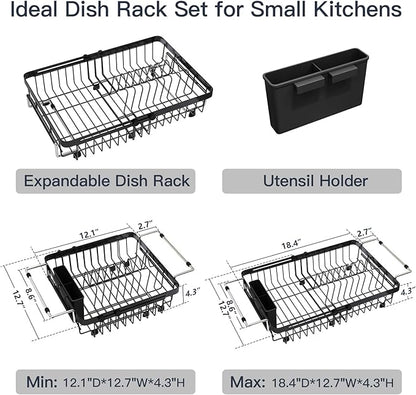 MAJALiS Expandable Stainless Steel Over The Sink Dish Drying Rack for Small Kitchen Counter Space Saving, Compact RV Plate Drainer Strainer in Black Wire Metal with Hanging Adjustable Utensil Holder