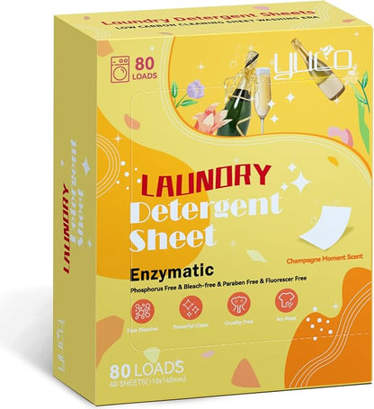 YUCO Travel Laundry Detergent Sheets 80 Loads Eco Friendly Washer Sheets, Liquidless Detergent Sheet No Plastic Jug Concentrated Laundry Detergent Hypoallergenic, Champagne Scent